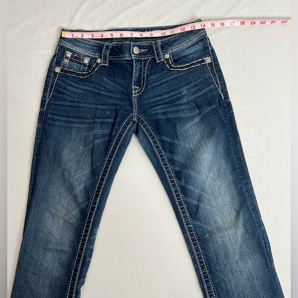Miss Me  Low Rise Dark Wash Rhinestone Faux Flap Pocket Jean Sze 27 (30X28.5) - Picture 3 of 10